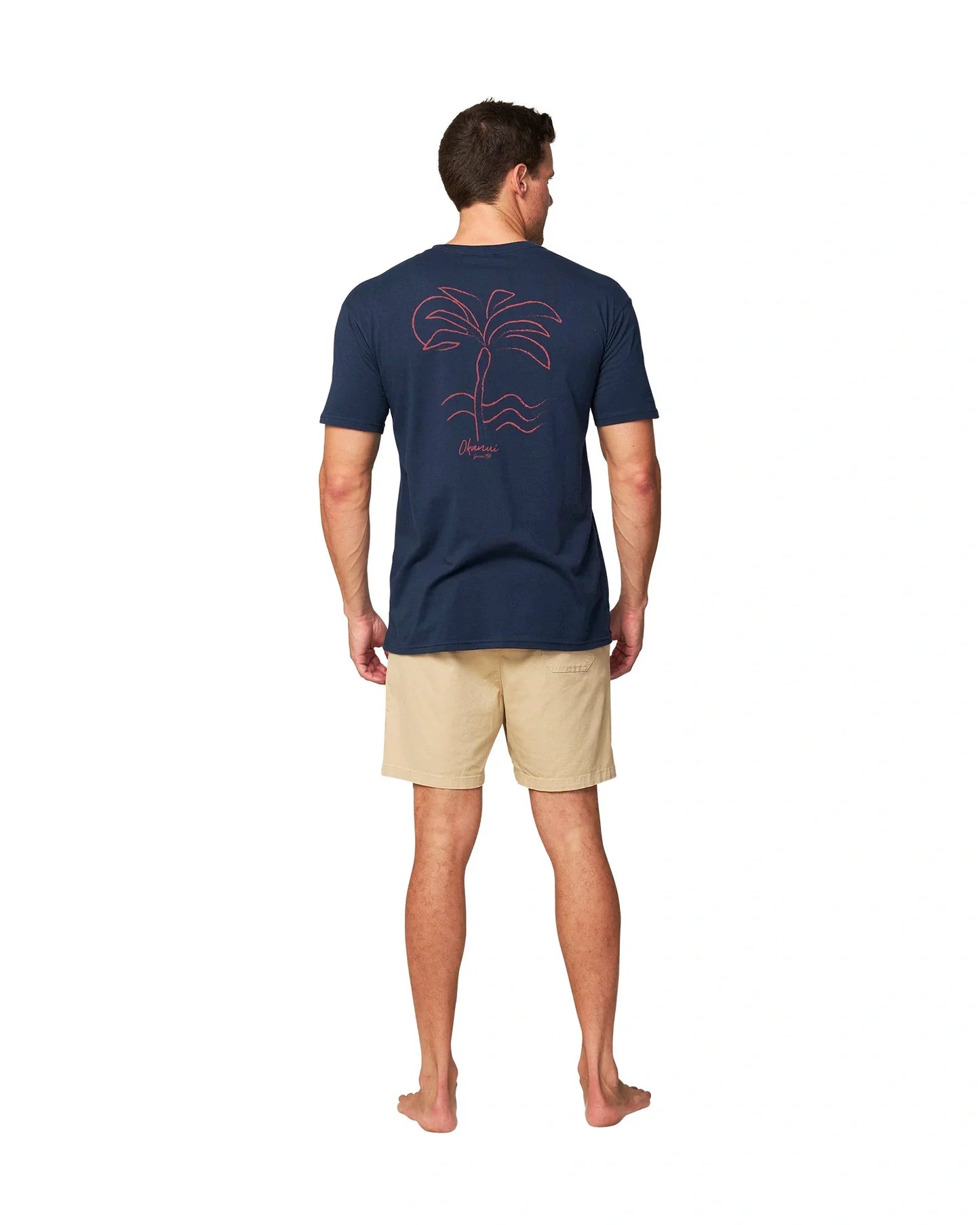 Back full view of the Okanui Palm T-Shirt in Navy colour.