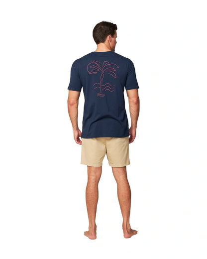 Back full view of the Okanui Palm T-Shirt in Navy colour.