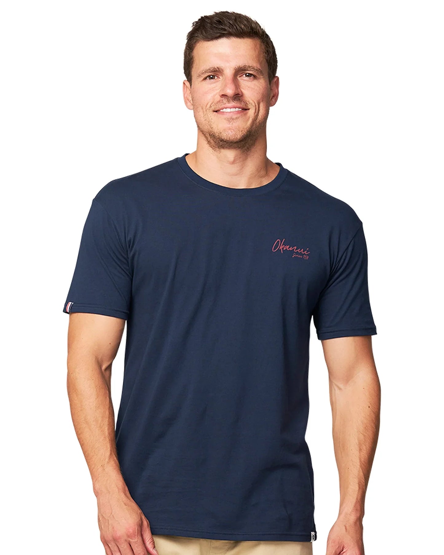 Close up view of the Okanui Palm T-Shirt in Navy colour.