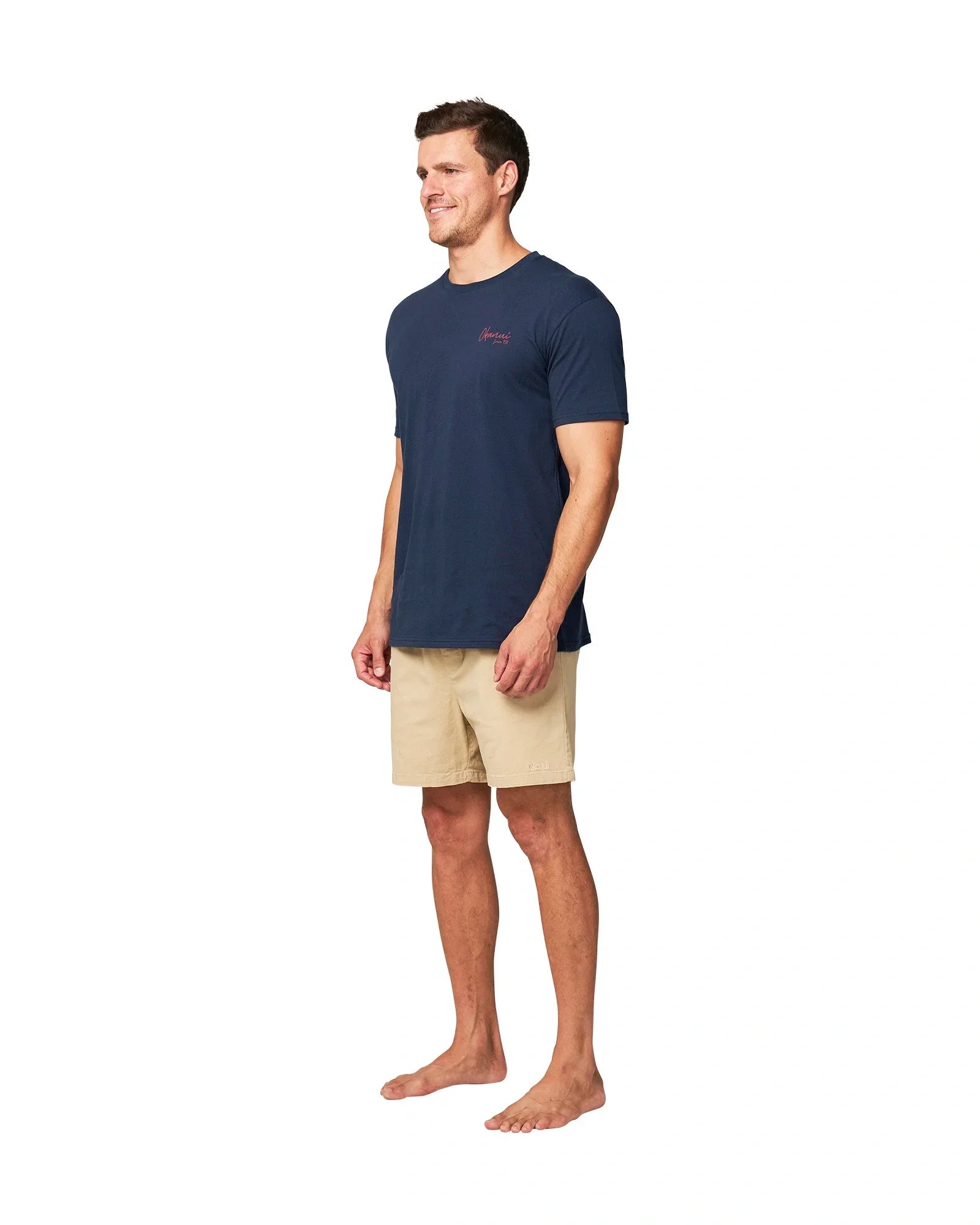 Full side view of the Okanui Palm T-Shirt in Navy colour.