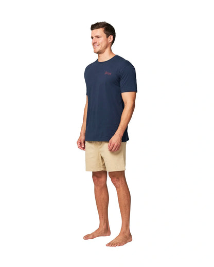 Full side view of the Okanui Palm T-Shirt in Navy colour.