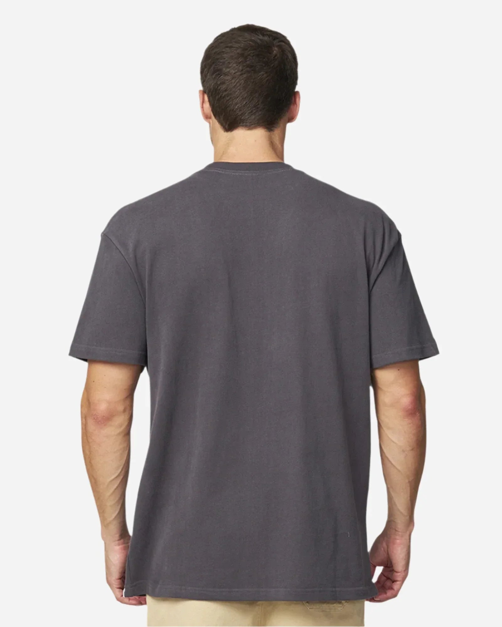 Back view of the Okanui Men's Cube Heavy Weight Tee in Washed Iron colour.