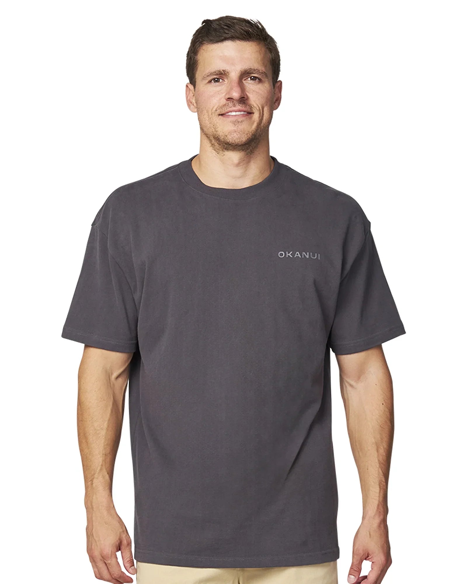 Front close up view of the Okanui Men's Cube Heavy Weight Tee in Washed Iron colour