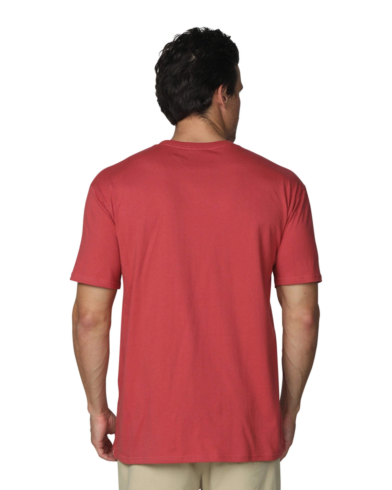 A close up back view of a male model wearing the the Okanui Mens Staple Tee in Rust colour.