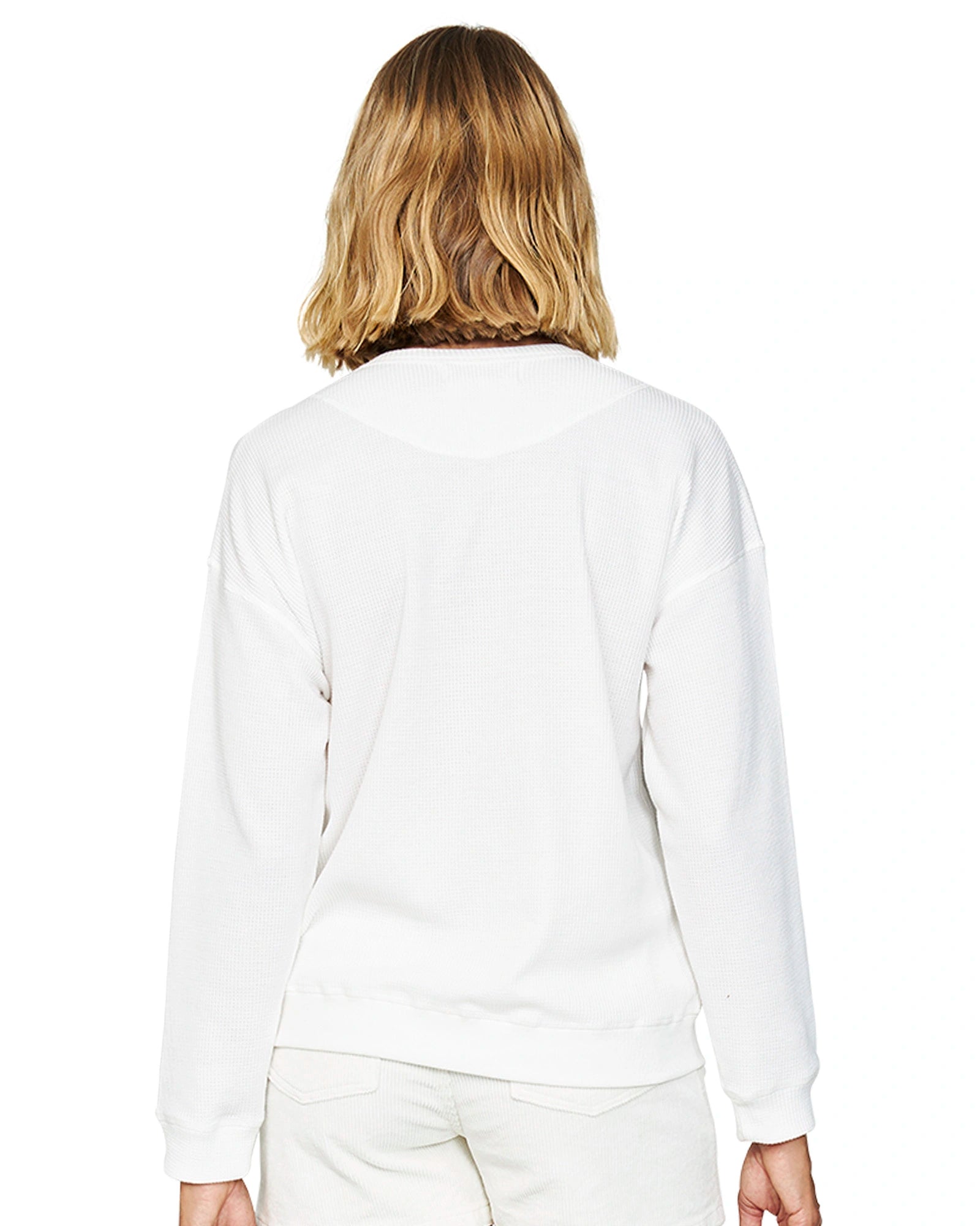 Back view of the Okanui long sleeve waffle knit jumper in white variant