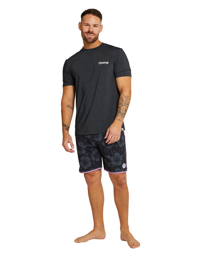 Full view of Men's spring short sleeve rashie in color black.