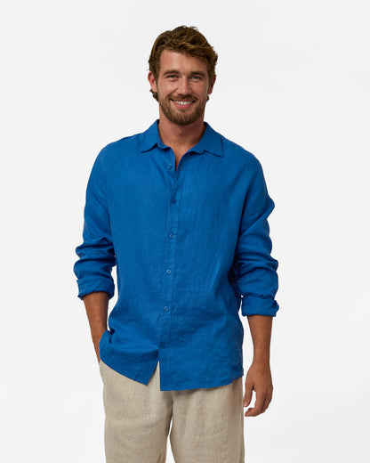 Mens Okanui Linen Long Sleeve Shirt - Victoria Blue
