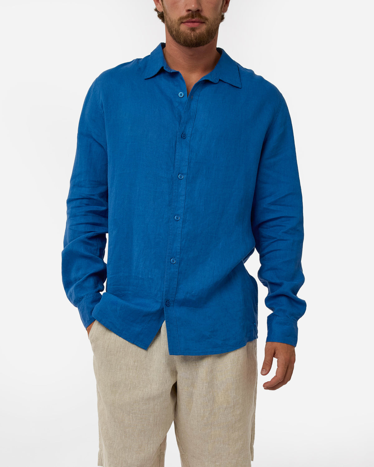 Mens Okanui Linen Long Sleeve Shirt - Victoria Blue