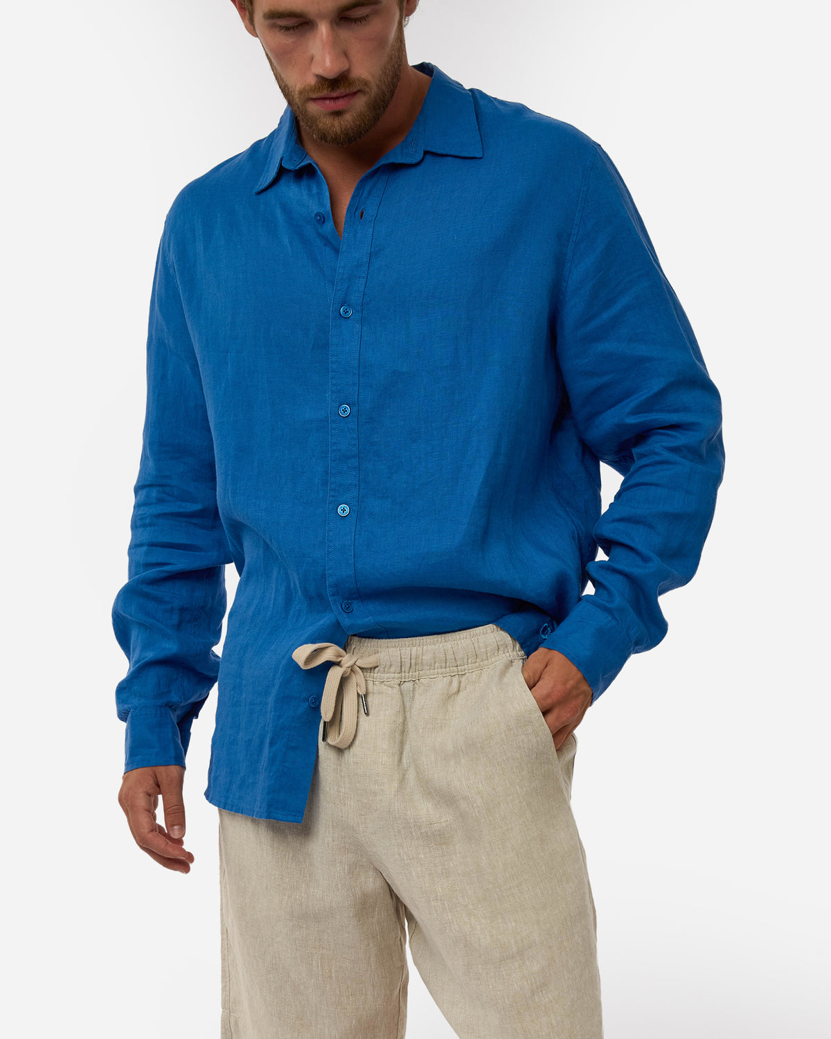 Mens Okanui Linen Long Sleeve Shirt - Victoria Blue