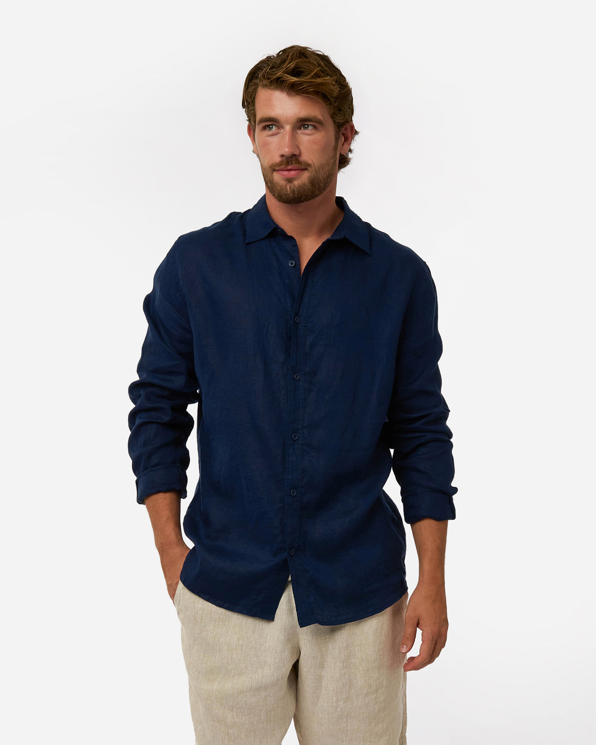 Mens Okanui Linen Long Sleeve Shirt - Navy