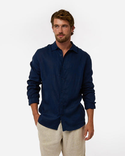 Mens Okanui Linen Long Sleeve Shirt - Navy