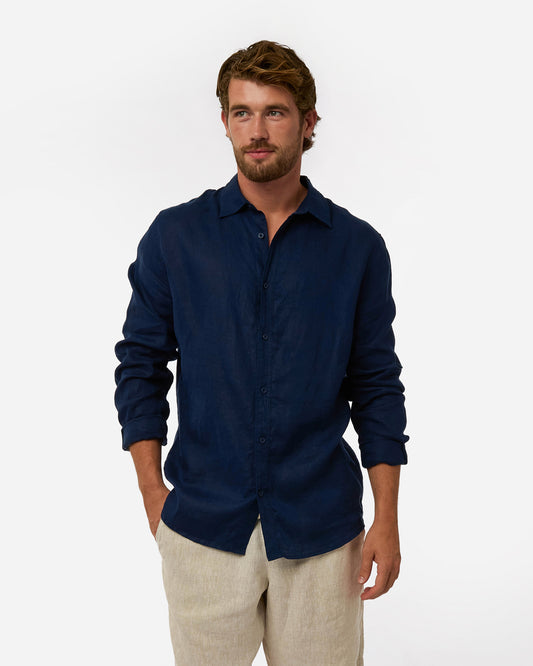 Mens Okanui Linen Long Sleeve Shirt - Navy