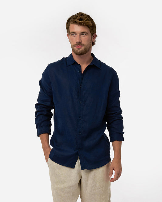 Mens Okanui Linen Long Sleeve Shirt - Navy