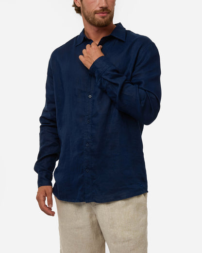 Mens Okanui Linen Long Sleeve Shirt - Navy