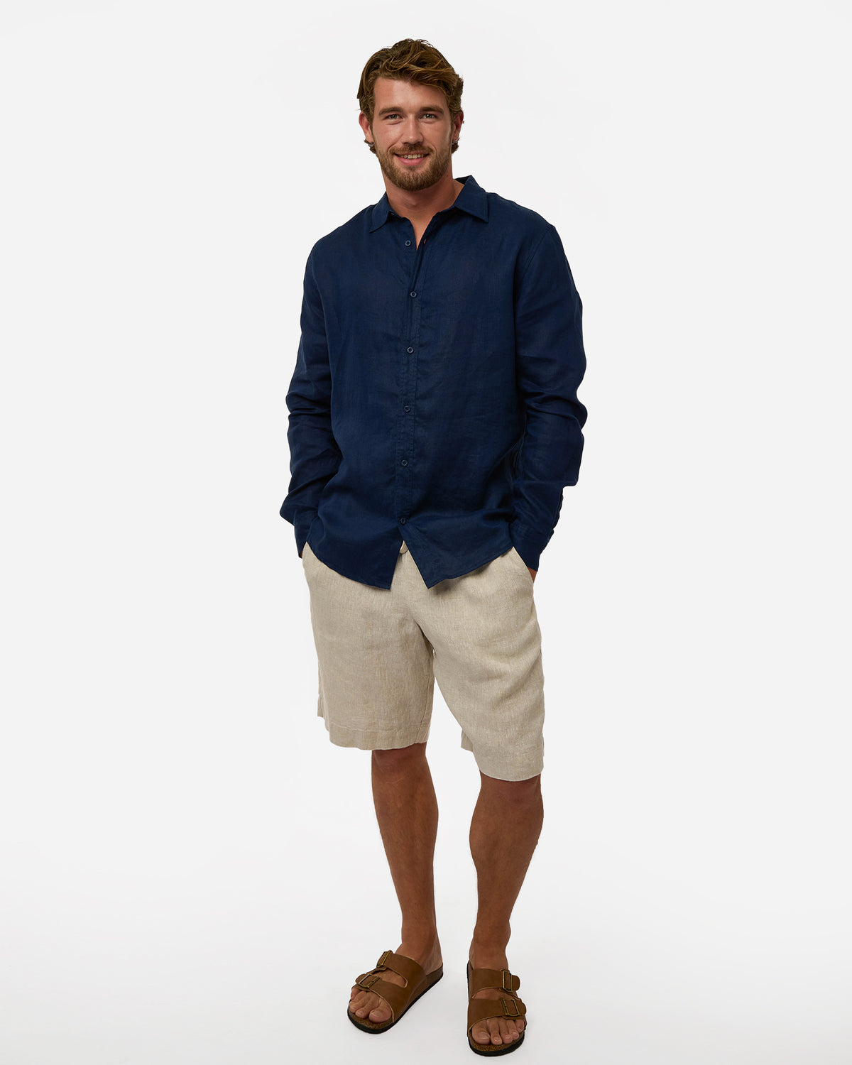 Mens Okanui Linen Long Sleeve Shirt - Navy