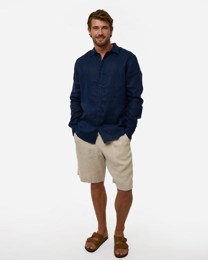 Mens Okanui Linen Long Sleeve Shirt - Navy