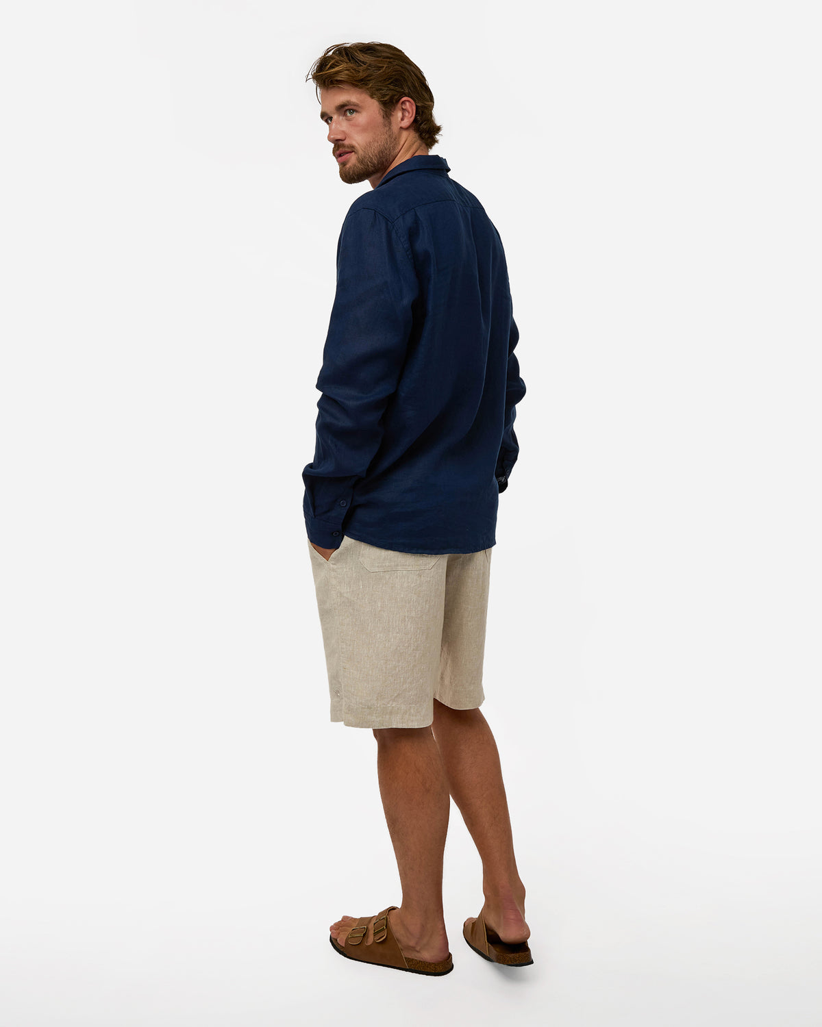 Mens Okanui Linen Long Sleeve Shirt - Navy