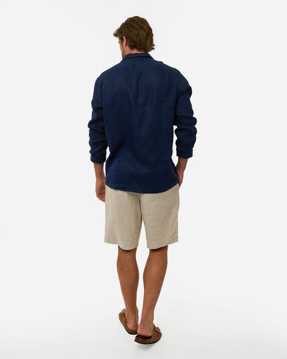 Mens Okanui Linen Long Sleeve Shirt - Navy