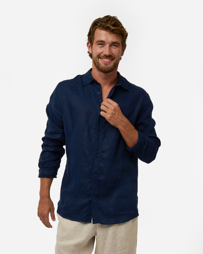 Mens Okanui Linen Long Sleeve Shirt - Navy