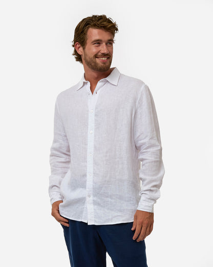 Mens Okanui Linen Long Sleeve Shirt - White
