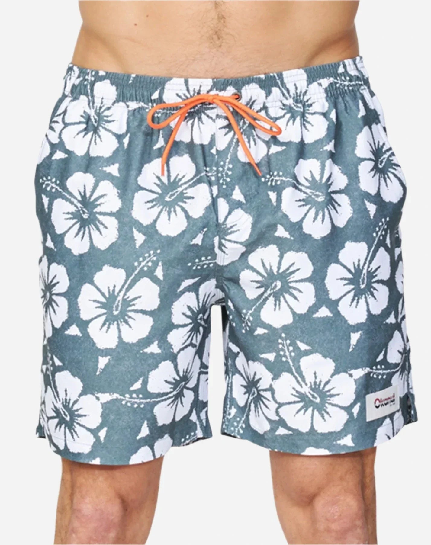 A close up view of the Okanui Hibiscus Swimshorts featuring an orange drawcord.
