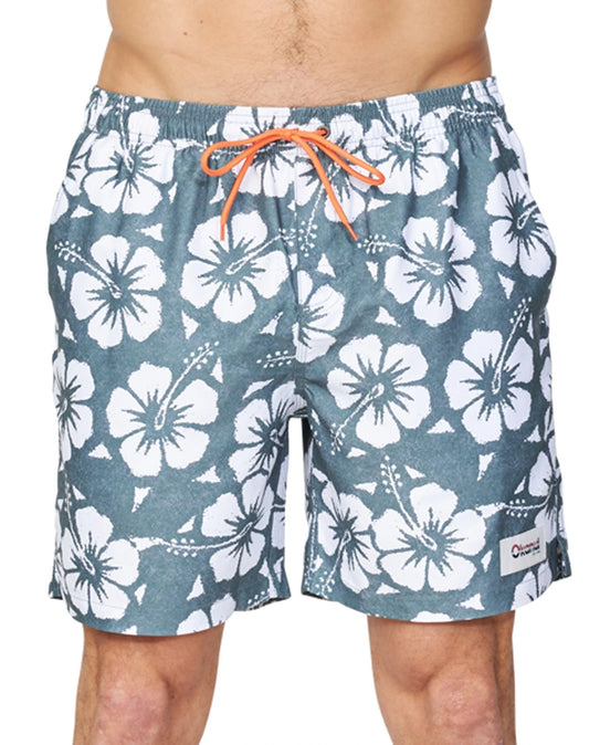 A close up view of the Okanui Hibiscus Swimshorts featuring an orange drawcord.