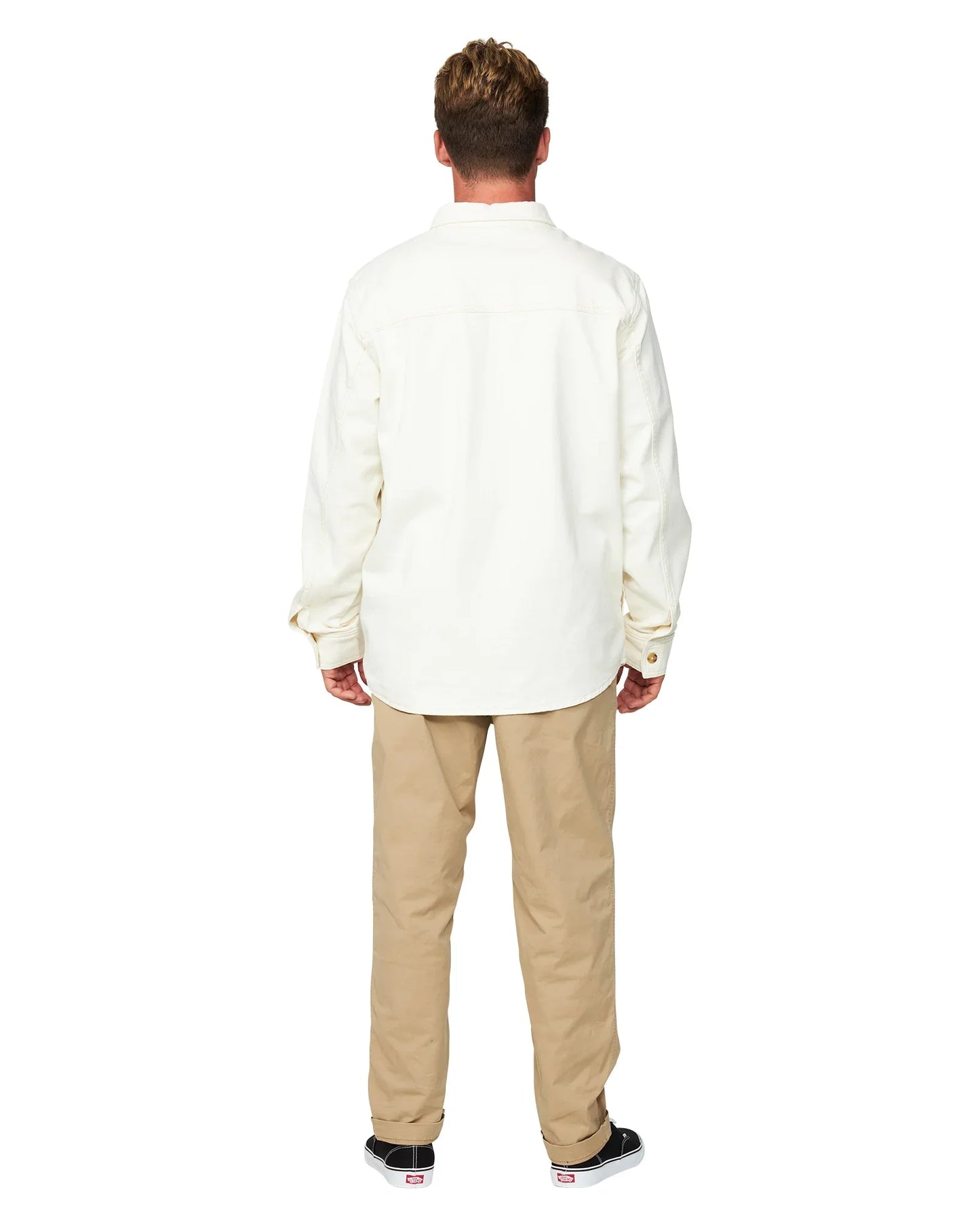 Mens winter jacket in plain white and a beige color pants showing the back view. 