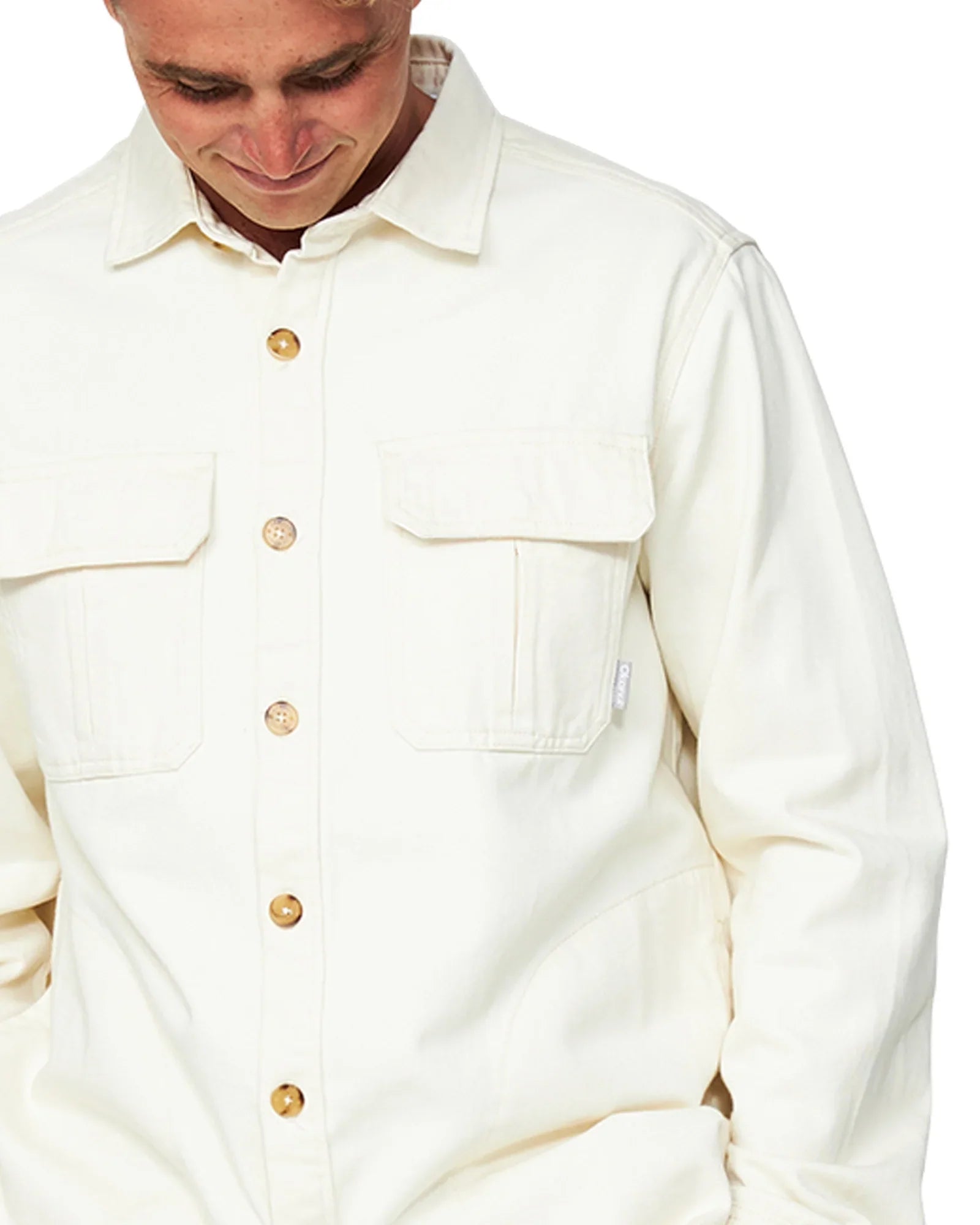 Mens winter jacket in plain white with front buttoned and chest twin pockets. 
