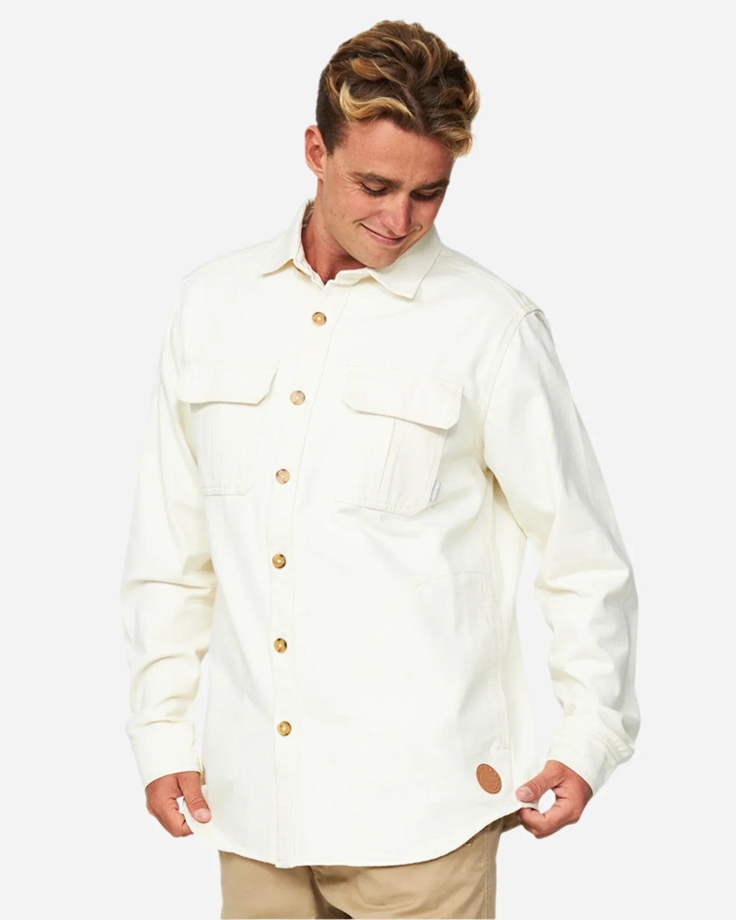 Mens winter jacket in plain white with front buttons. 