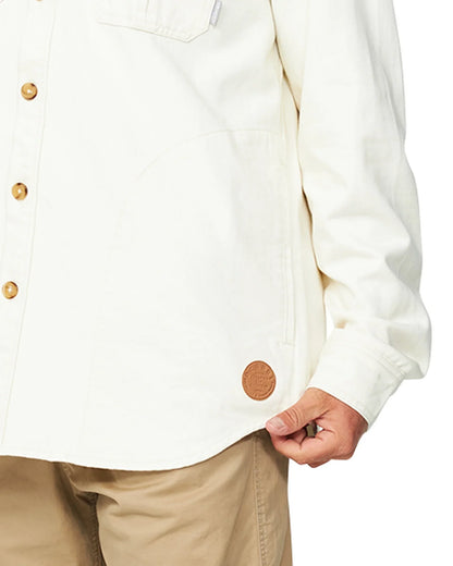 Mens winter jacket in plain white showing the Okanui logo on the side. 