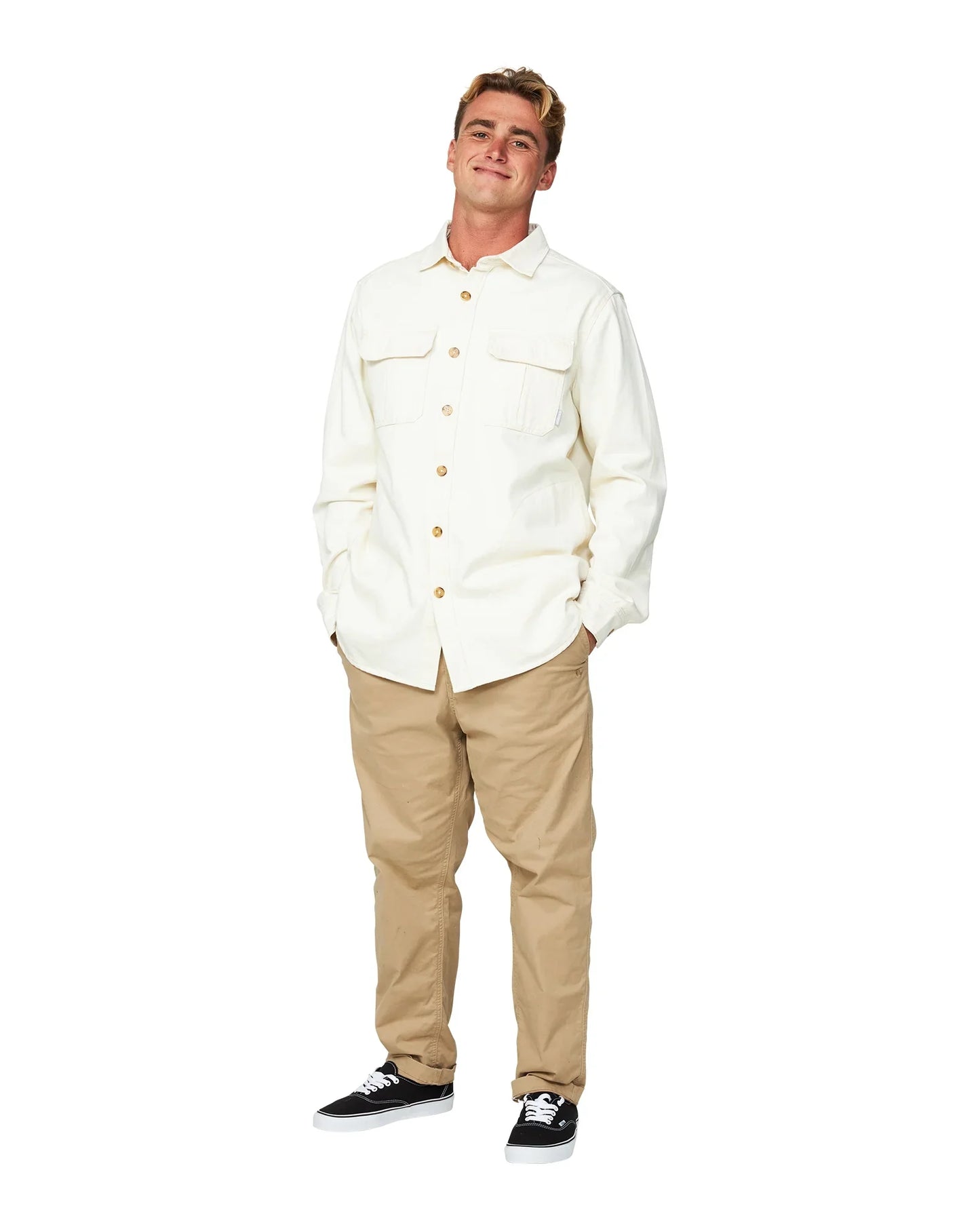 Mens winter jacket in plain white and a beige color pants. 