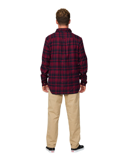 Full back view of the Okanui Long Sleeve Flannel Shirt in red colour.