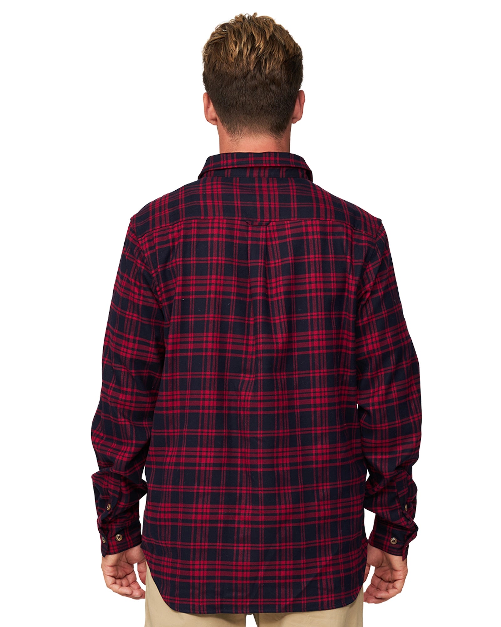 A closer back view of the Okanui Long Sleeve Flannel Hiker Shirt in navy/red colour.