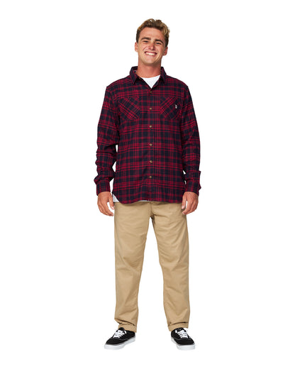 Full front view of the Okanui Long Sleeve Flannel Shirt in red colour.