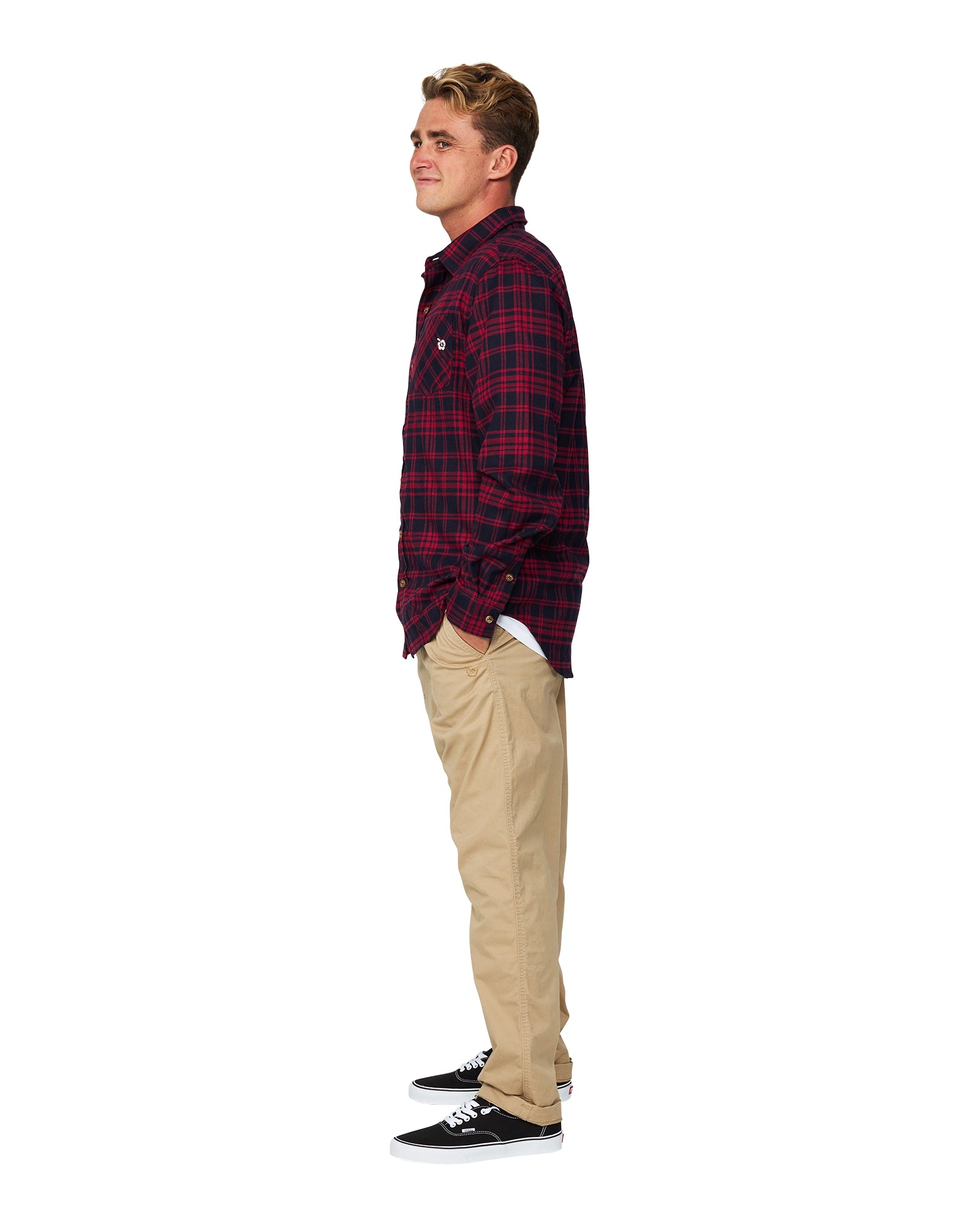 Full side view of the Okanui Long Sleeve Flannel Shirt in red colour.