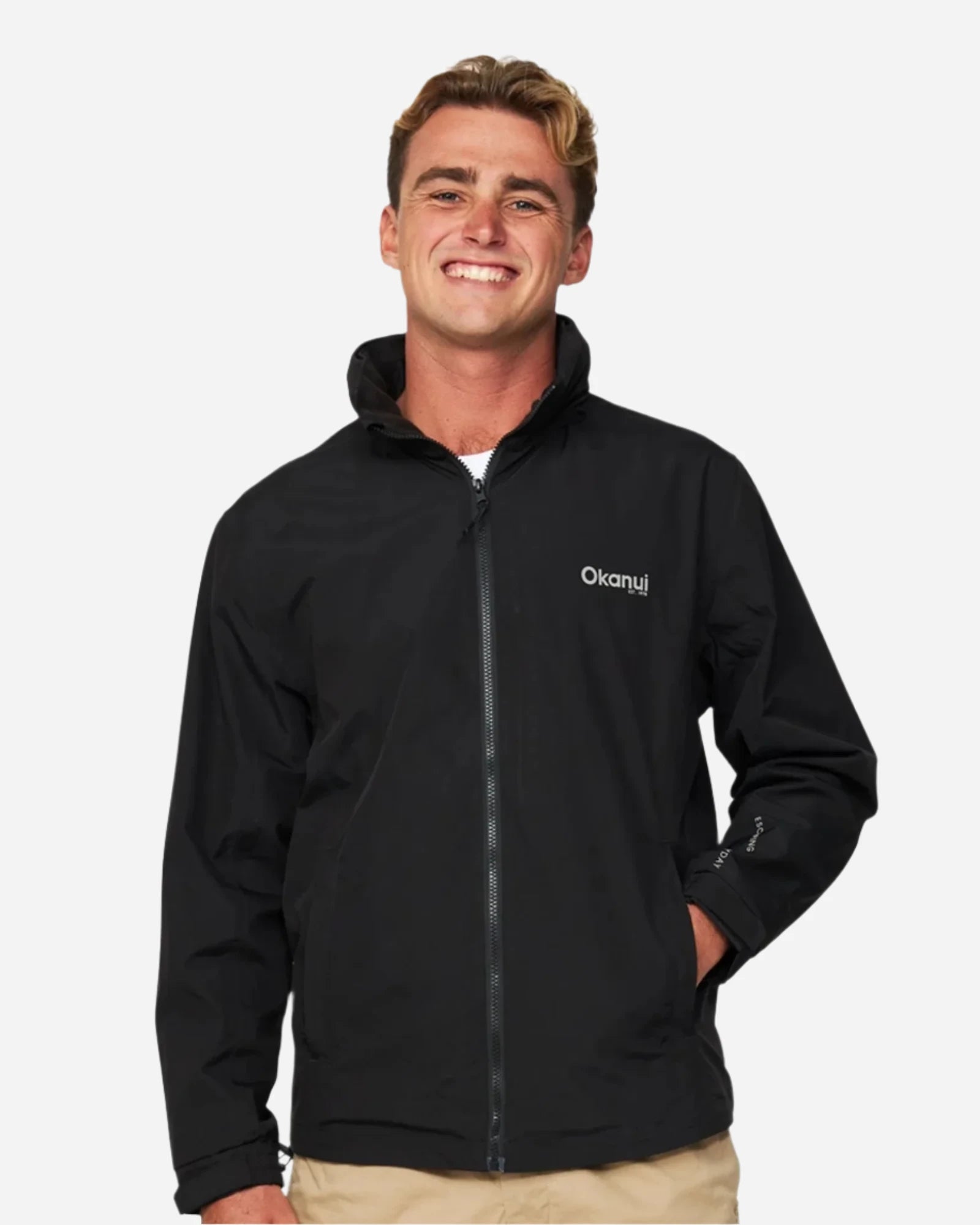 Mens surf jacket in black color with up front zipper. 