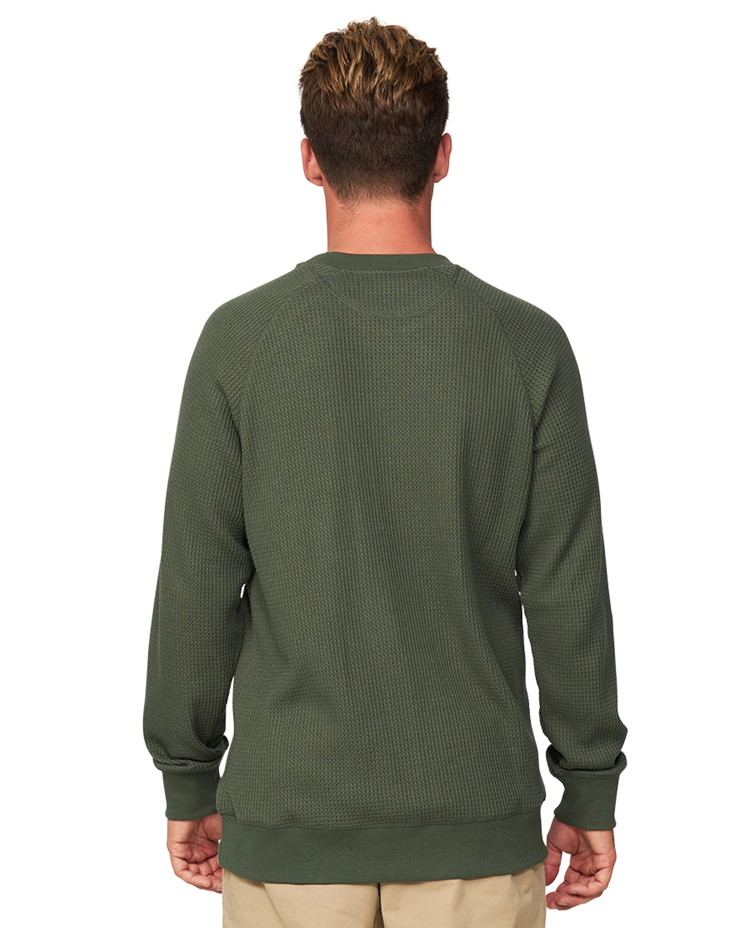 The Okanui Waffle Jumper Crew in Forrest Green colour as viewed from the back.