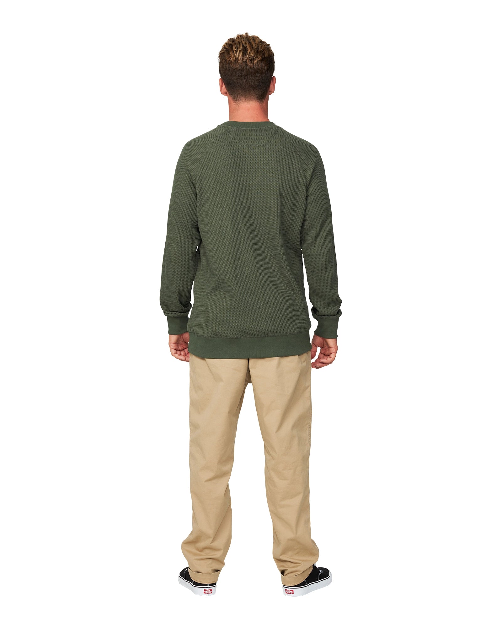 A full body back view of the Okanui Waffle Jumper Crew in Forrest Green colour.