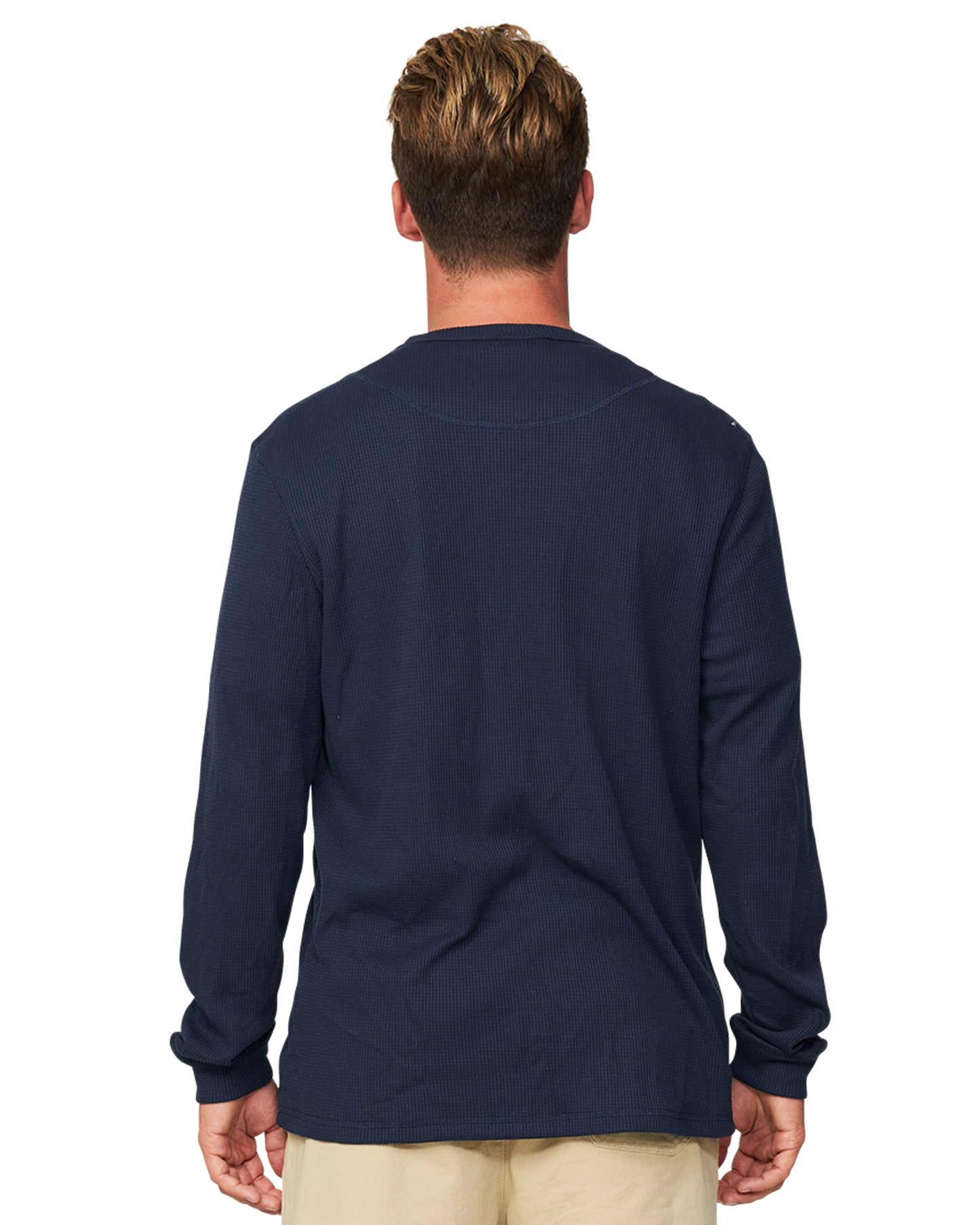 A closer back view of the Okanui Long Sleeve Waffle Tee.