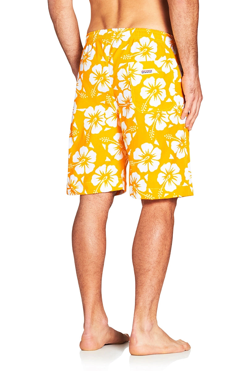 Classic men short in yellow with white printed flowers showing the back view