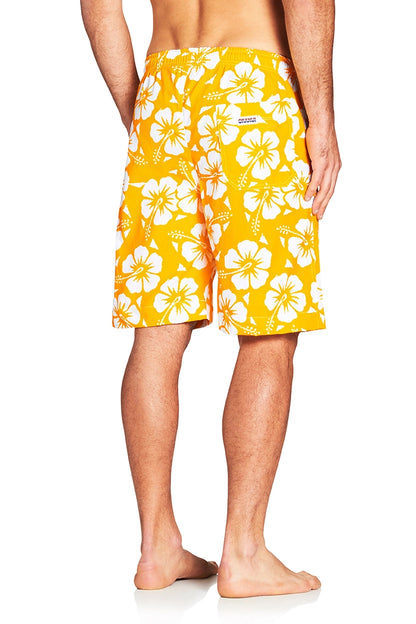 Classic men short in yellow with white printed flowers showing the back view