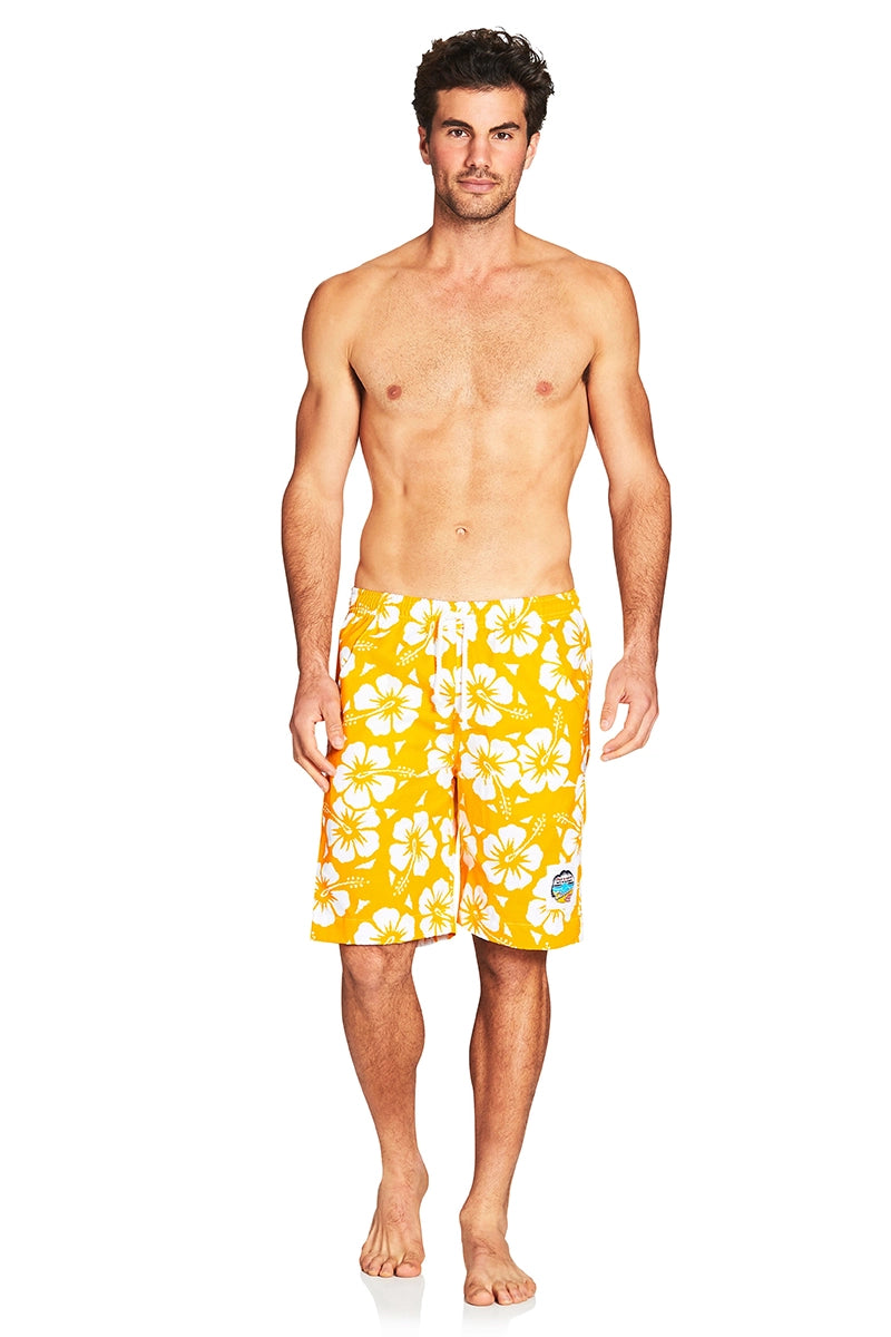 Classic men short in yellow with white printed hibiscus flowers.