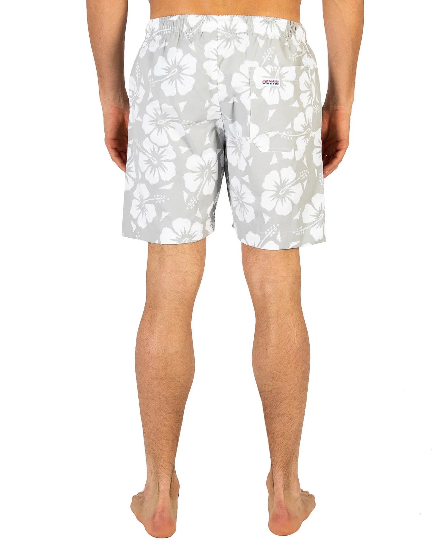 Mens classic short shorts with gray and white hibiscus flower showing the back pocket.