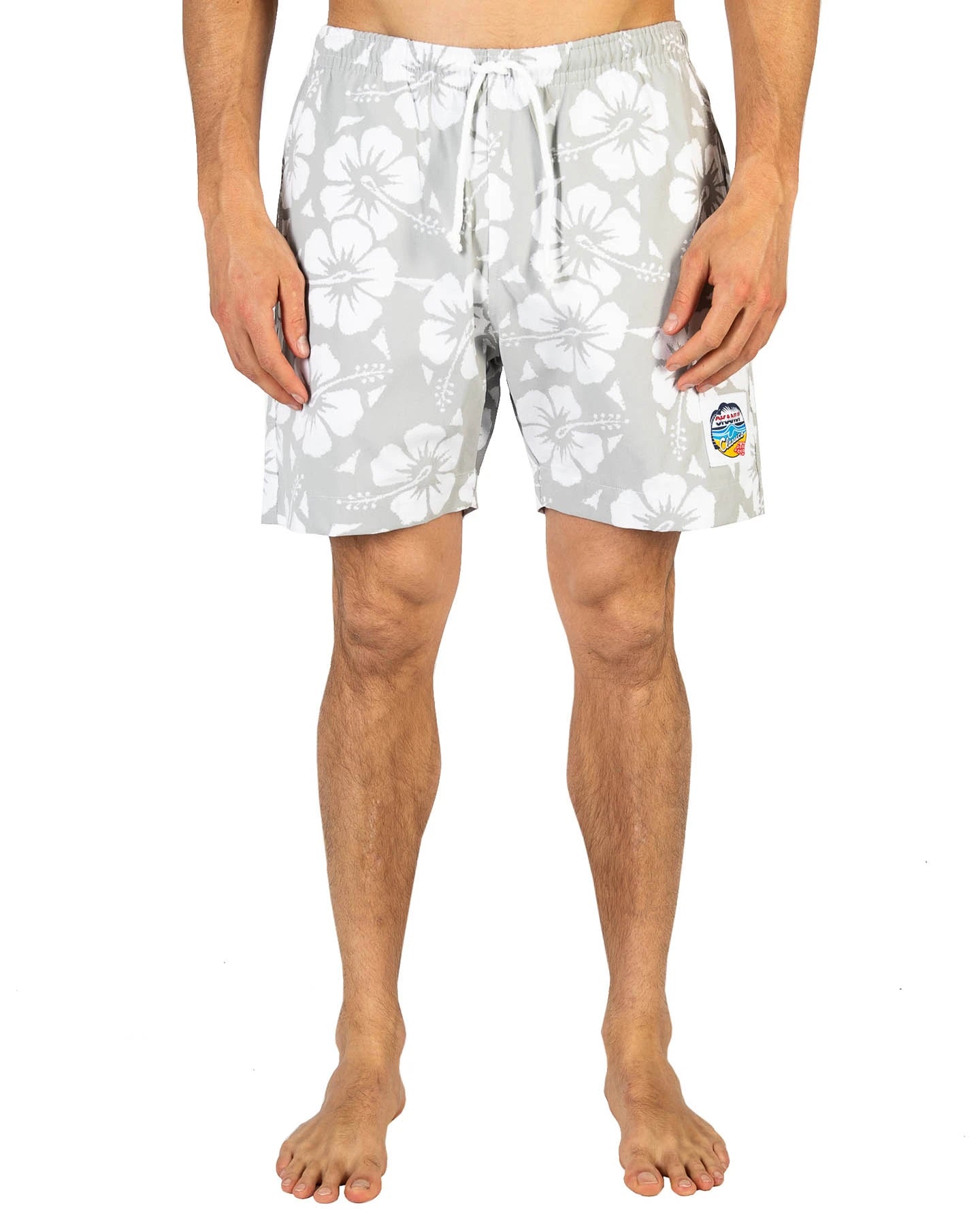 Mens Classic Shorts in white and gray hibiscus flower with a white drawstring in front. 