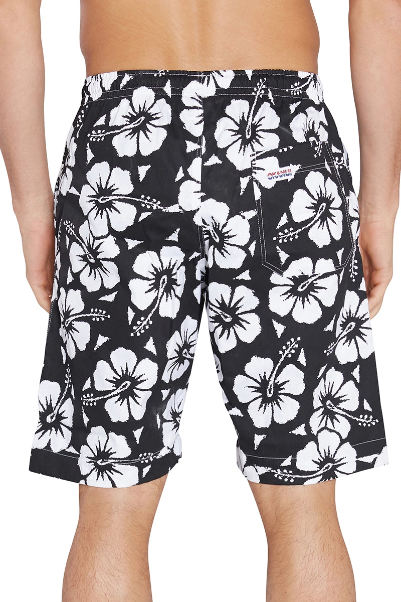 The Okanui Classics Shorts in Hibiscus Black showing the back view details.