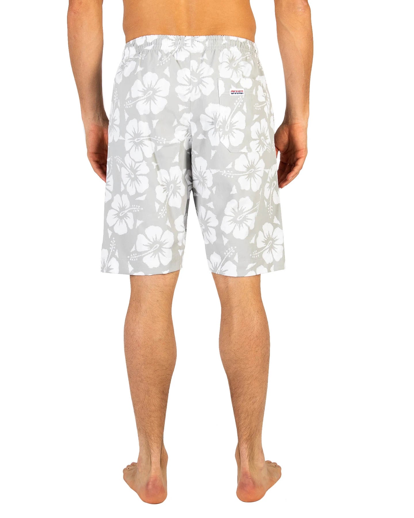 The Okanui Classics Shorts in Hibiscus Cool Grey showing the back view details.