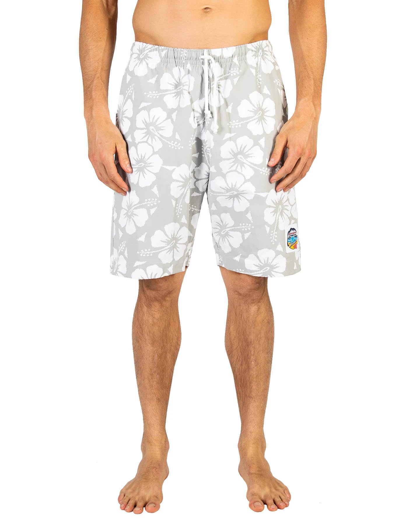 Okanui Men's Classics Shorts in Hibiscus Cool Grey showing the front view details.