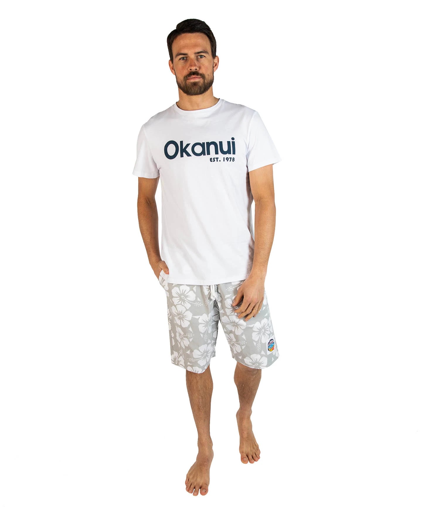 Okanui Men's Classics Shorts in Hibiscus Cool Grey partner with Okanui Shirt.