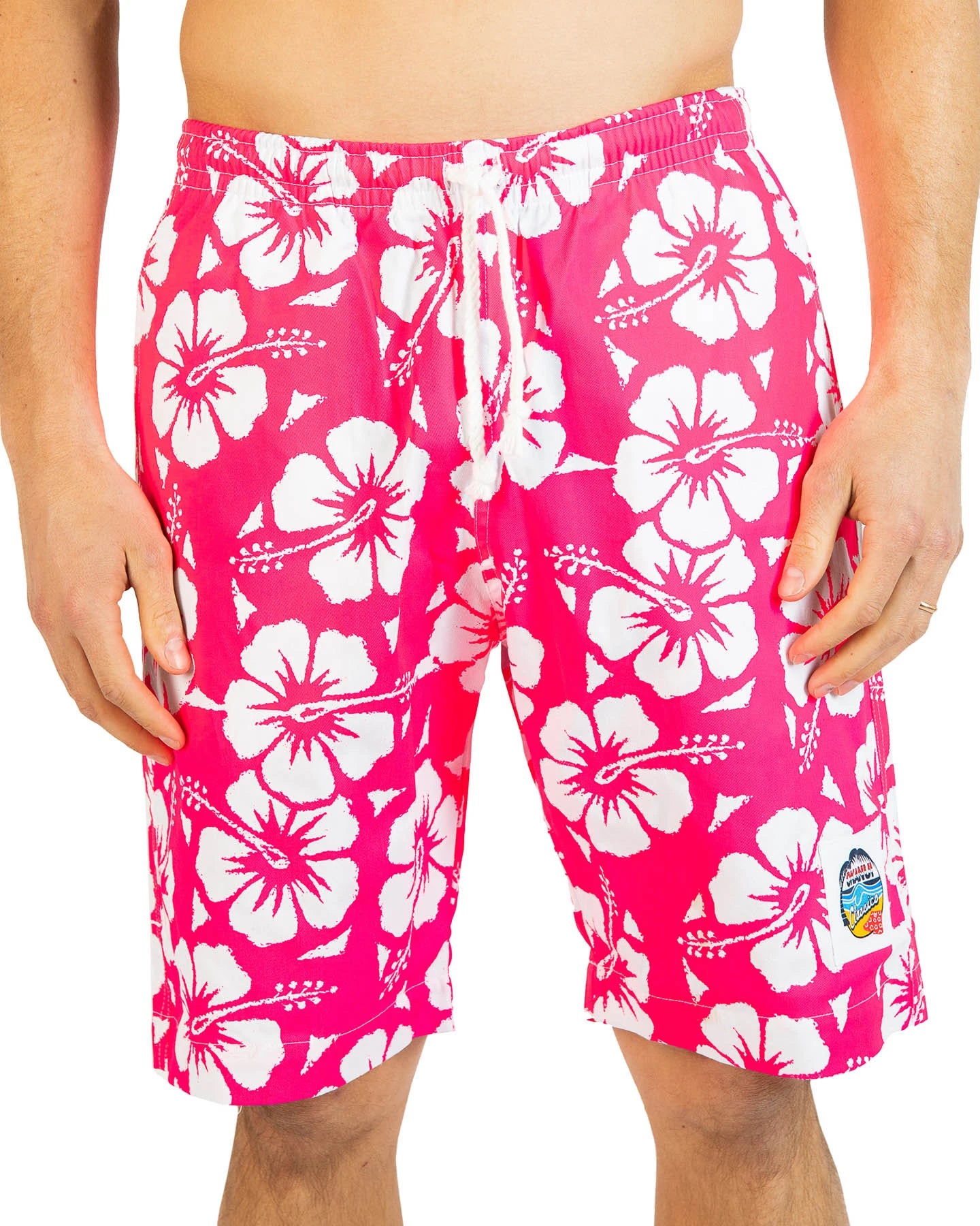 Okanui Men's Classics Shorts in Hibiscus Glow Pink showing the front view details.