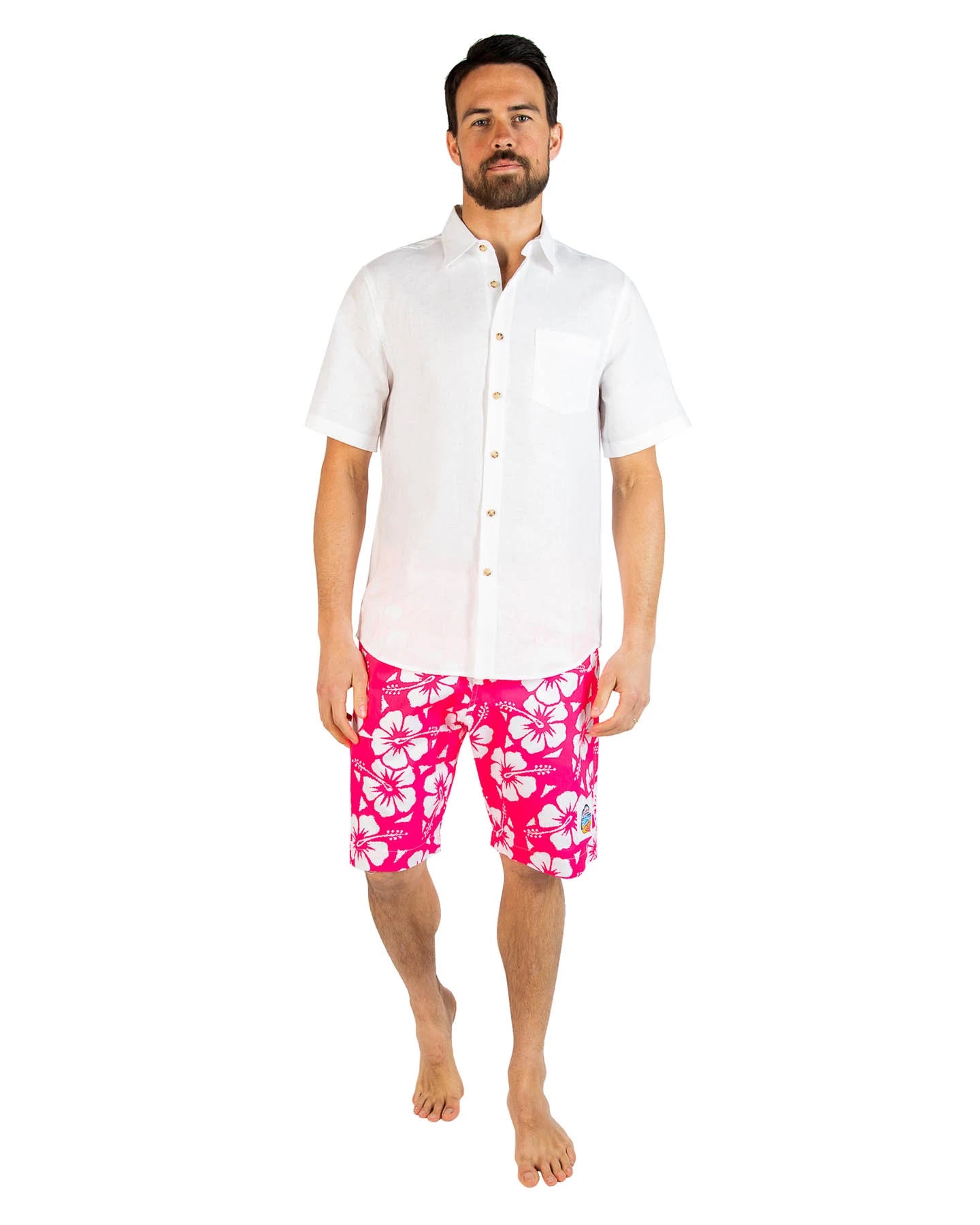 Okanui Men's Classic Shorts in Hibiscus Glow Pink partner with short sleeves polo.